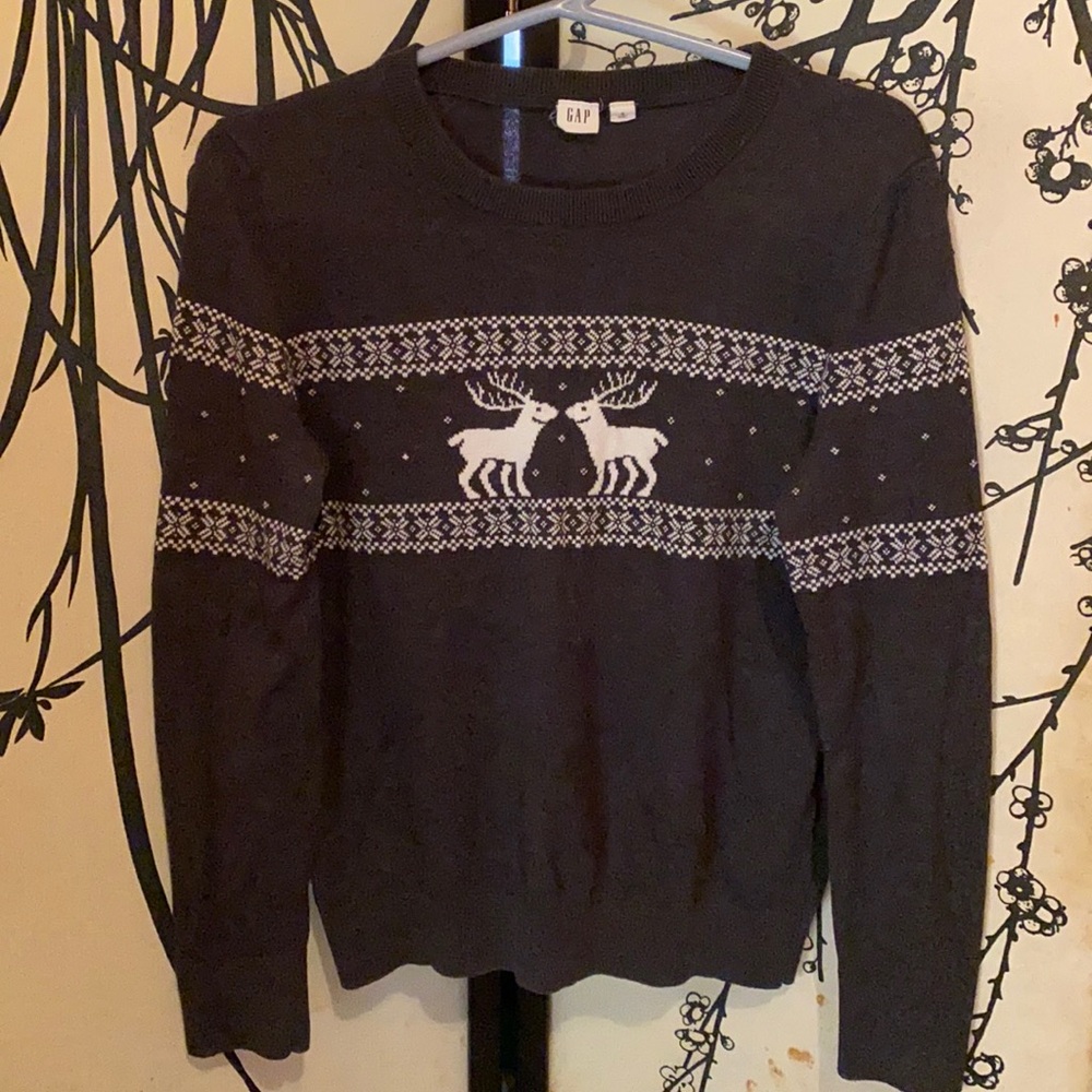 Gap Women’s Dark Gray White  Fair Isle Alpine Reindeer Holiday Sweater Cabin Cor